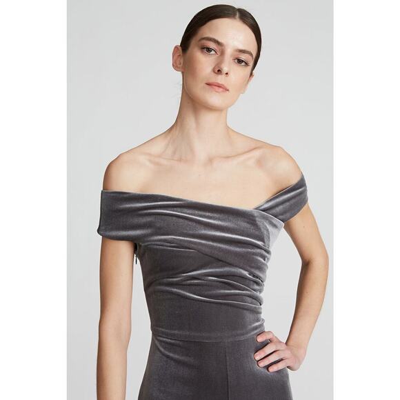 Halston Off the Shoulder Wren Steel Velvet Jumpsuit Ruched Wide Leg Size 4 NWOT - Picture 3 of 13